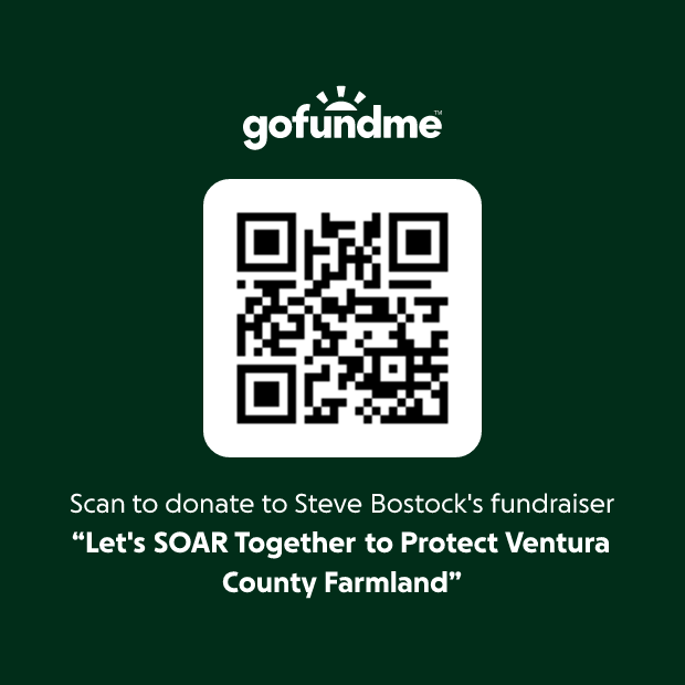 GoFundMe QR code — scan to donate to Let's SOAR Together to Protect Ventura County Farmland