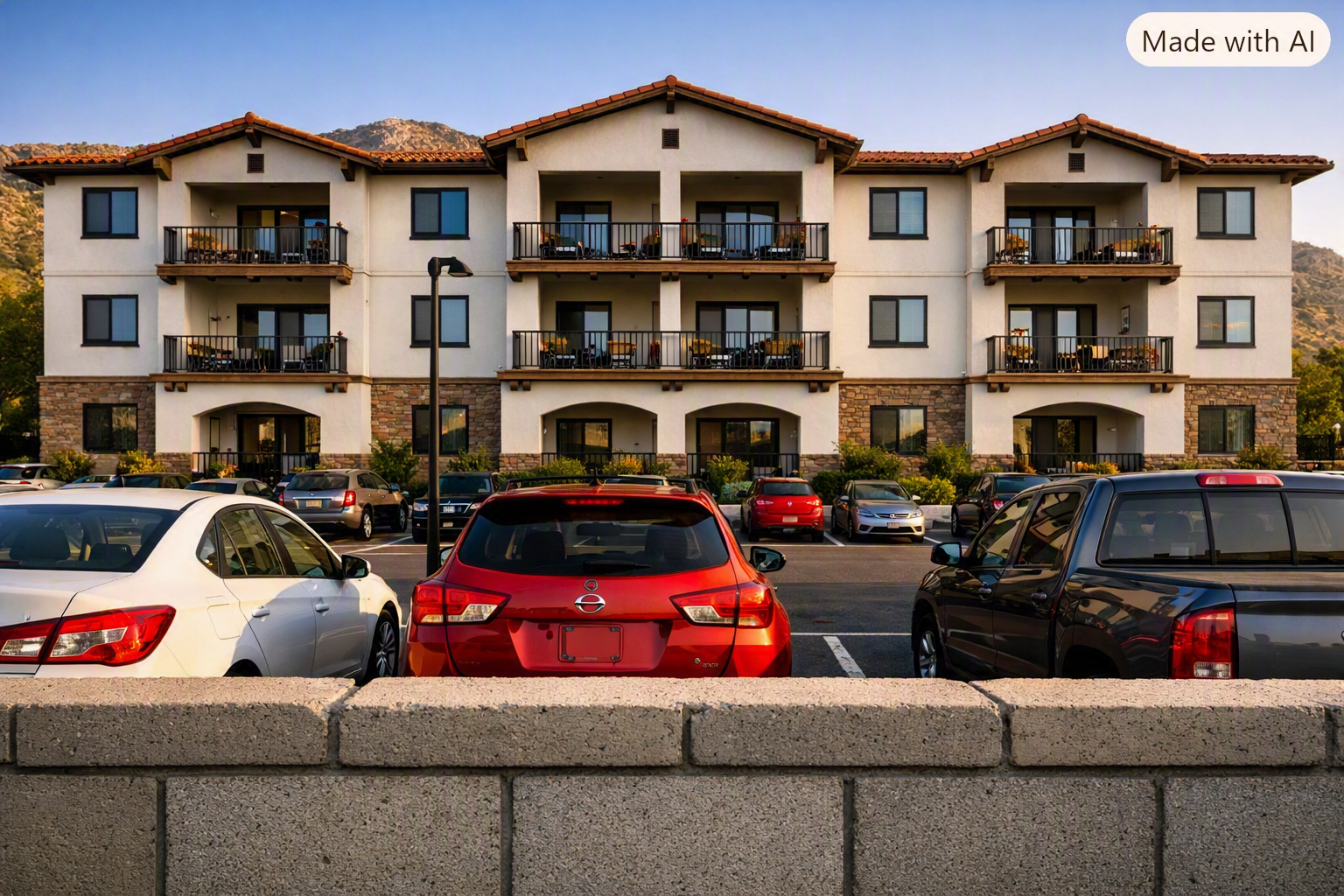 AI render of the proposed Ventura Ranch complex exterior facade as seen from the street: three-story Spanish-style apartment building with parking lot in foreground