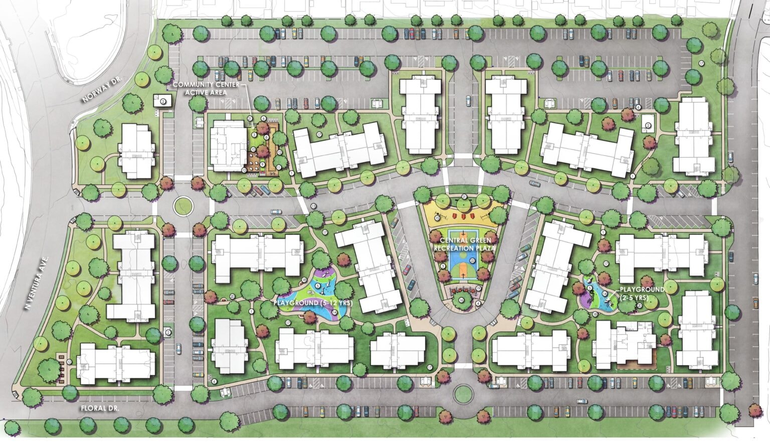 Ventura Ranch site plan showing approximately 20 multi-story residential buildings, perimeter surface parking lots, internal roads, a central recreation plaza, community center, and two playgrounds on approximately 19.5 acres at 4884 N. Ventura Avenue